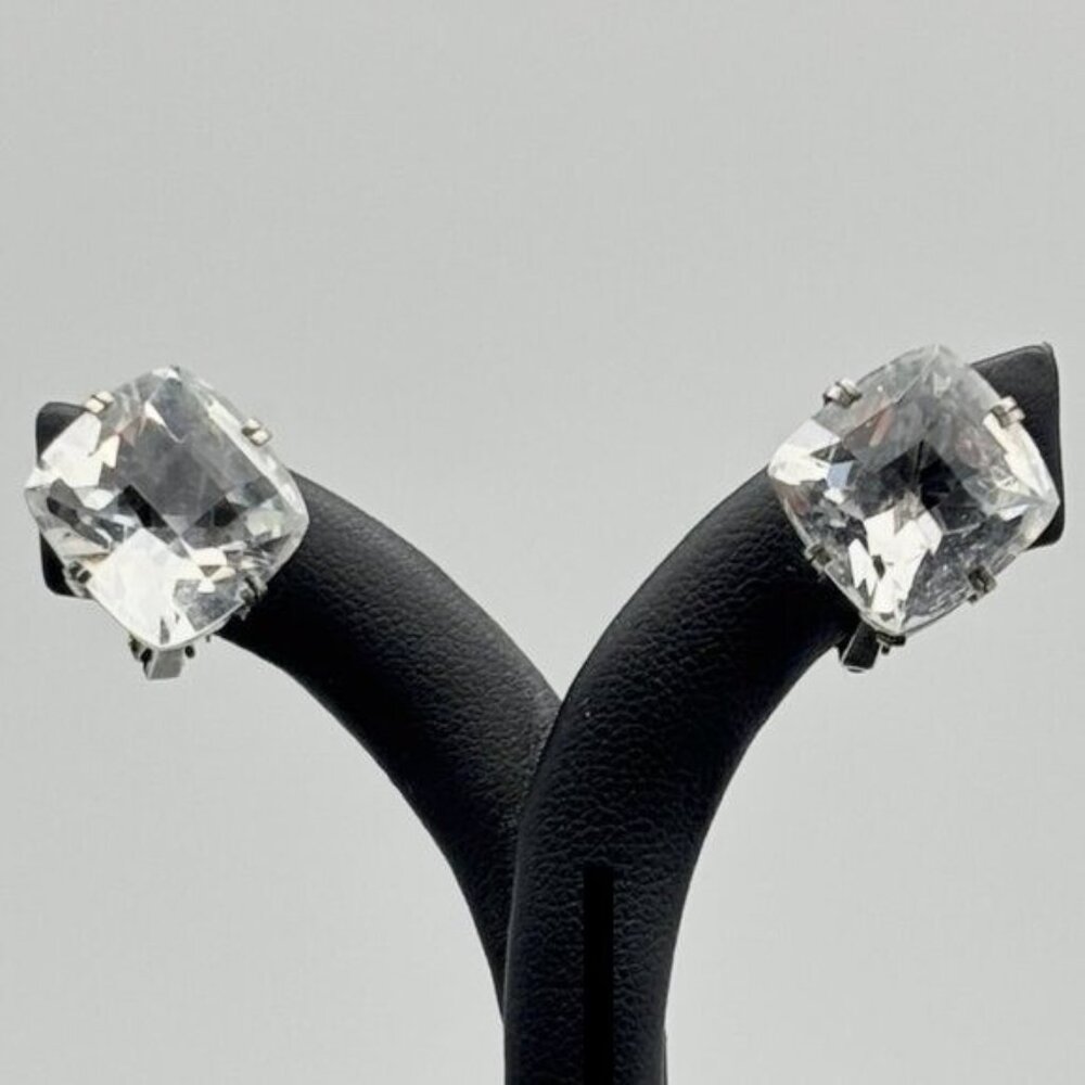 Vintage Sterling Silver Prong-Set Large Faceted Crystal Clip-On Earrings, Marked